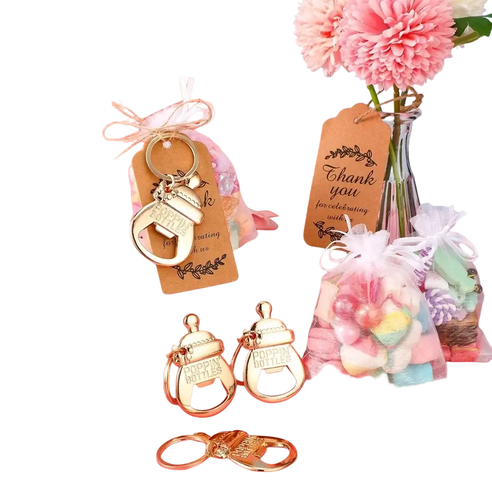 Gold-colored baby bottle-shaped metal bottle opener keychain engraved with poppin bottles for baby shower favors