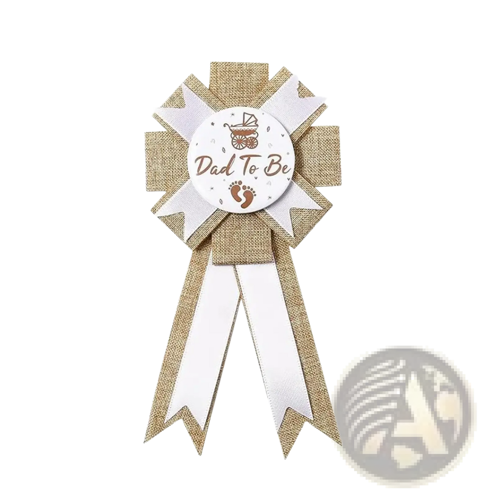 A rustic beige and white ribbon rosette badge reading dad to be with baby carriage for baby shower burlap mom to be sash set