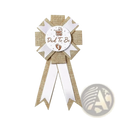 A rustic beige and white ribbon rosette badge reading dad to be with baby carriage for baby shower burlap mom to be sash set