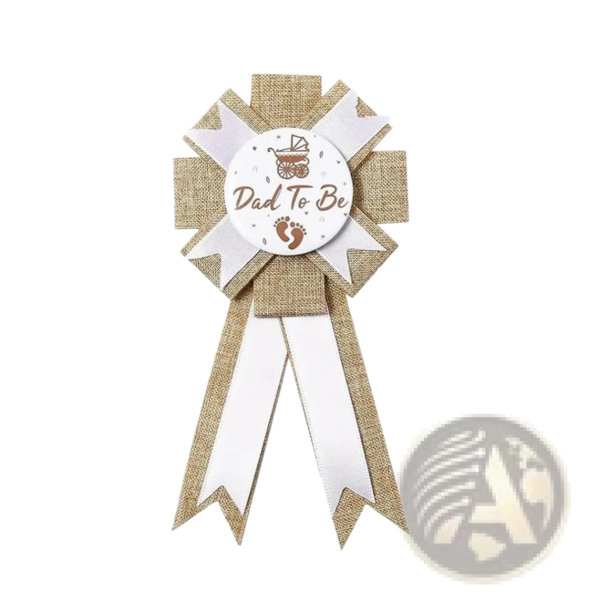 A rustic beige and white ribbon rosette badge reading dad to be with baby carriage for baby shower burlap mom to be sash set