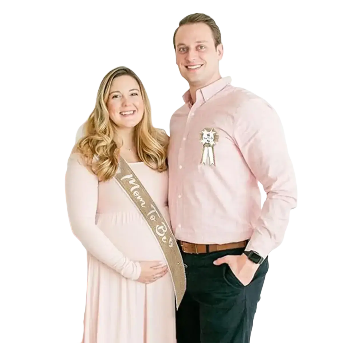 Pregnant woman wearing a gold glittery mom to be sash from a baby shower burlap mom to be sash and badge set