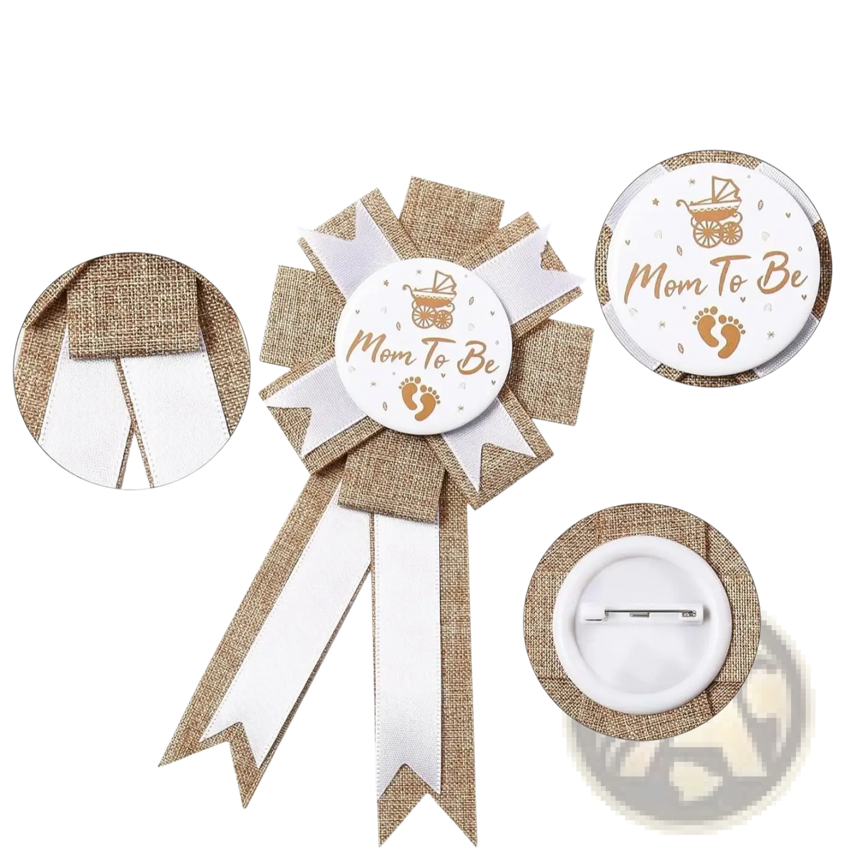 A rustic mom to be pin with a white button gold script and footprints on burlap and satin ribbons tan and white