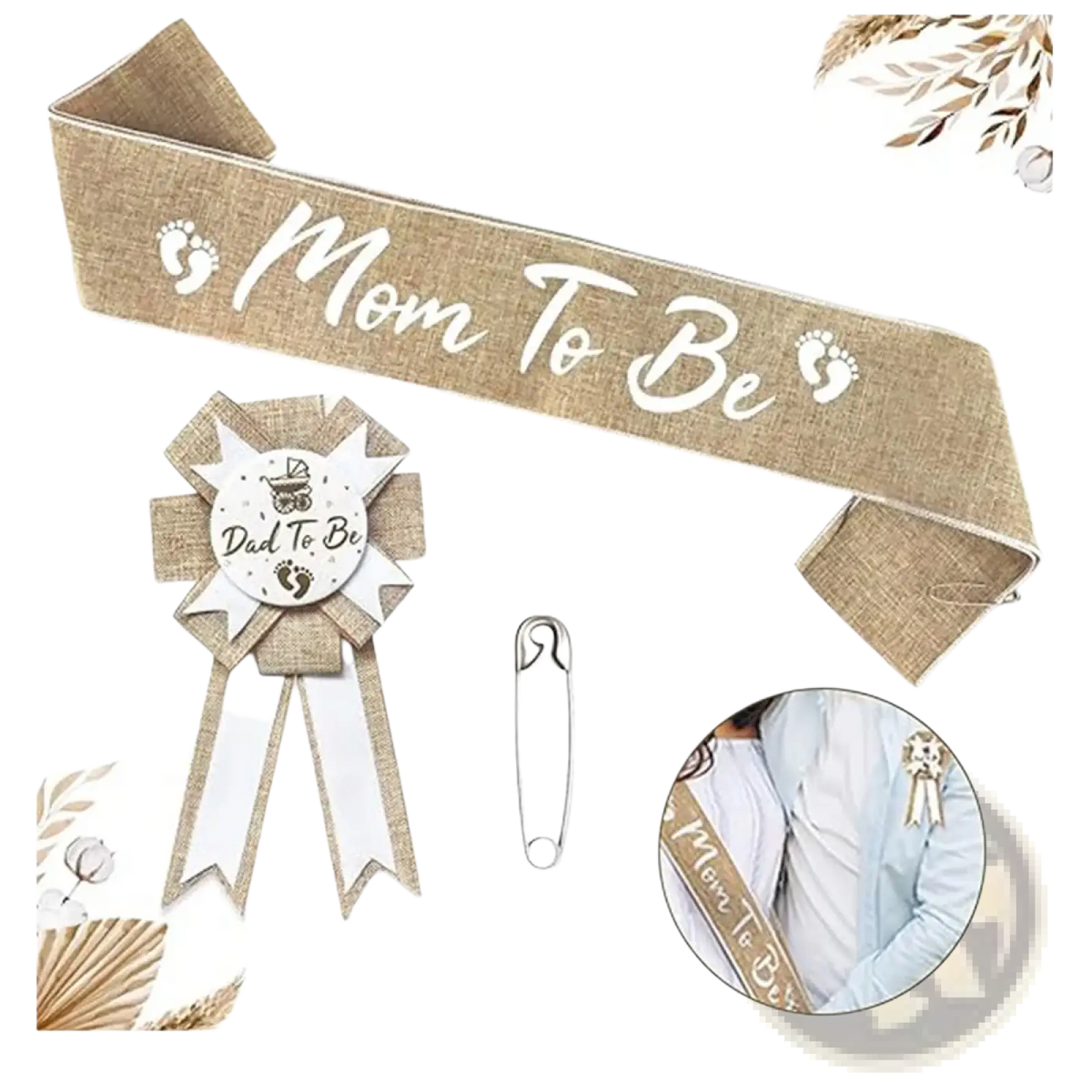 Baby shower burlap mom to be sash with white embroidered text and footprints in natural burlap material