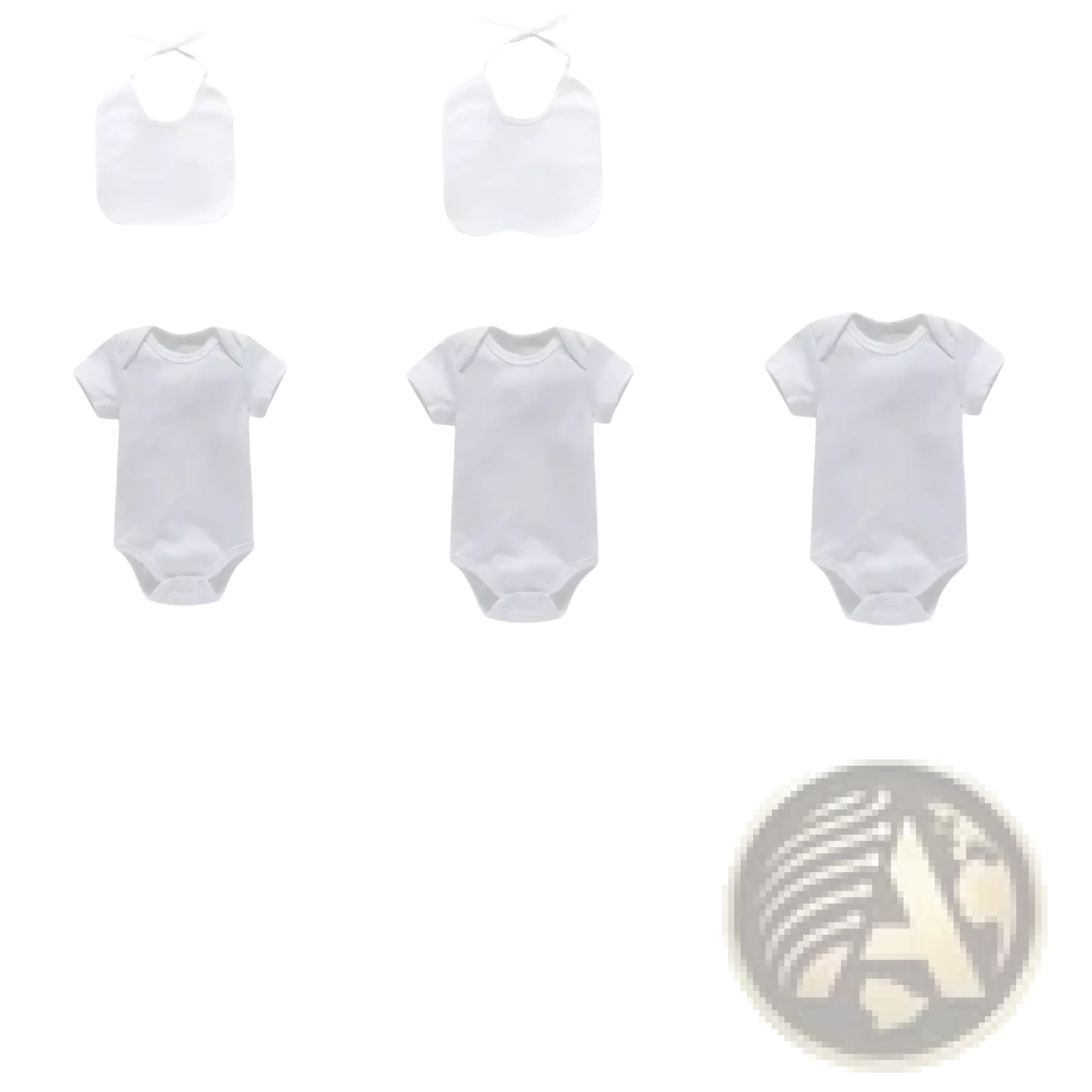 White baby onesies with adjustable necklines and short sleeves for newborns in a baby shower diy bodysuit and bib kit