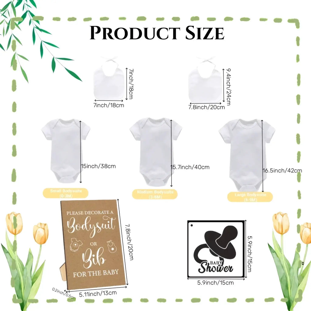 Brown wooden sign with white cursive text and baby bottle icons for baby shower diy bodysuit and bib decorating game kit