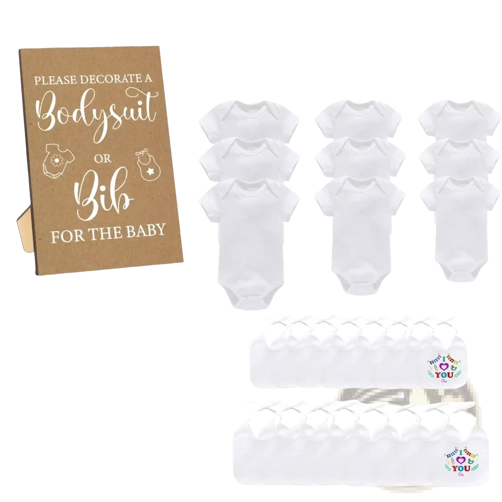 Brown wooden sign with white cursive lettering for baby shower diy bodysuit and bib decorating game kit