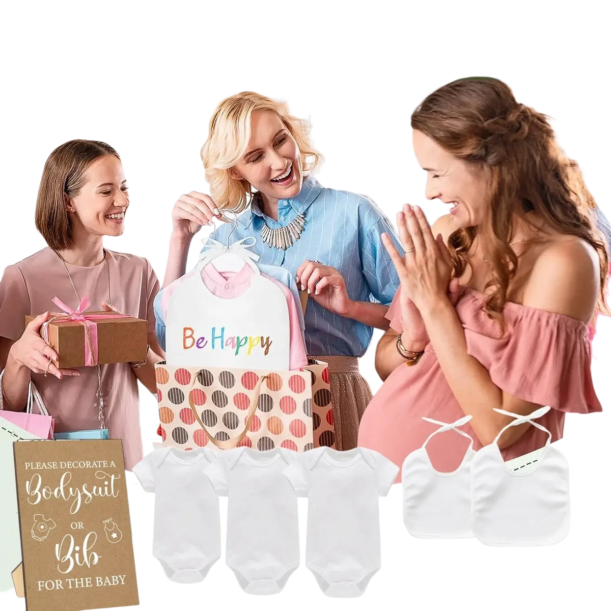 Pink and white baby bib with be happy printed in colorful letters from baby shower diy bodysuit and bib decorating game kit