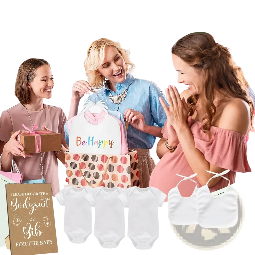 Pink and white baby bib with be happy printed in colorful letters from baby shower diy bodysuit and bib decorating game kit