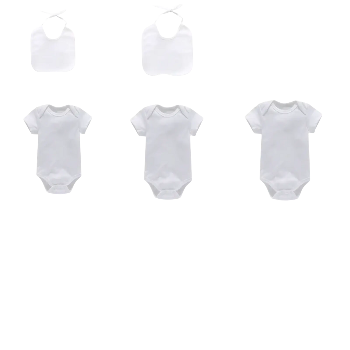 Set of white cotton baby onesies and bibs with black and white stencils for baby shower diy decorating game kit
