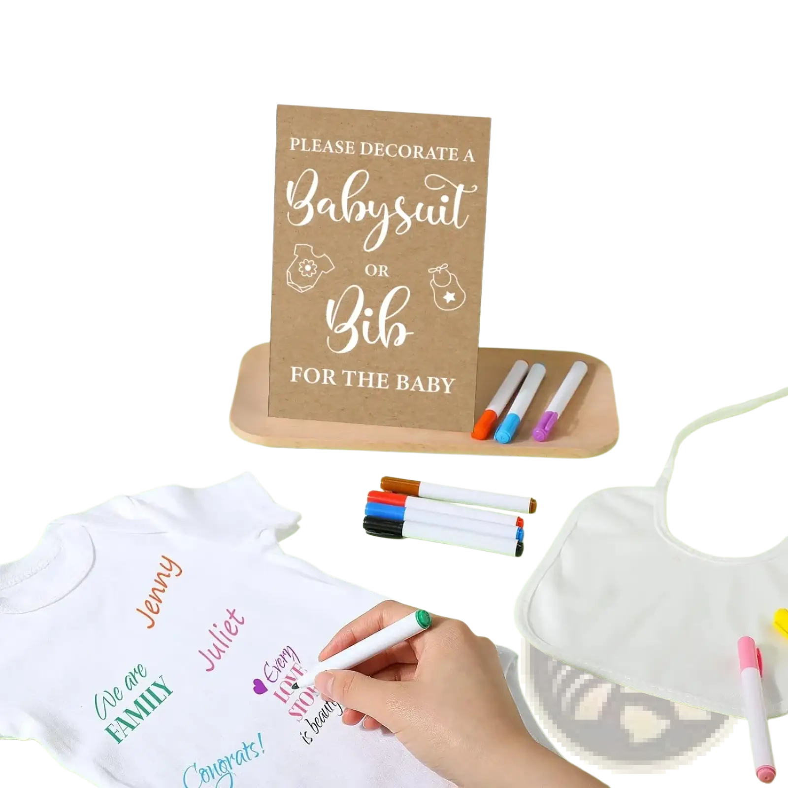 White cotton baby shower DIY bodysuit and bib decorating kit with colorful handwritten messages on the onesie