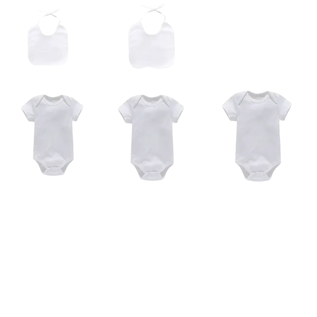 White baby onesies with adjustable necklines and short sleeves for newborns in a baby shower diy bodysuit and bib kit