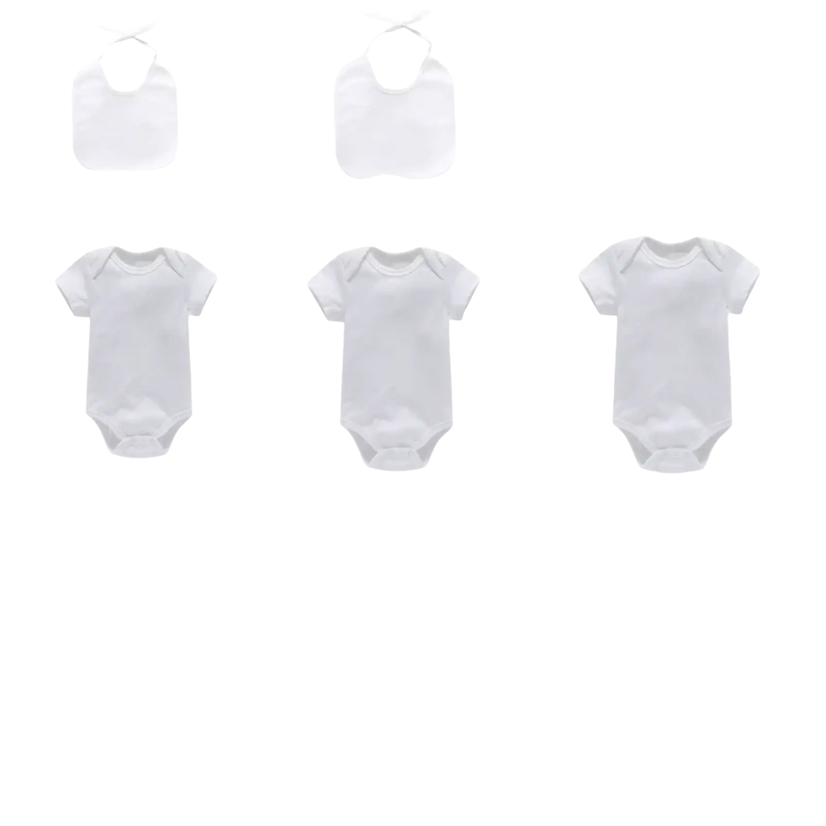 White baby onesies with adjustable necklines and short sleeves for newborns in a baby shower diy bodysuit and bib kit