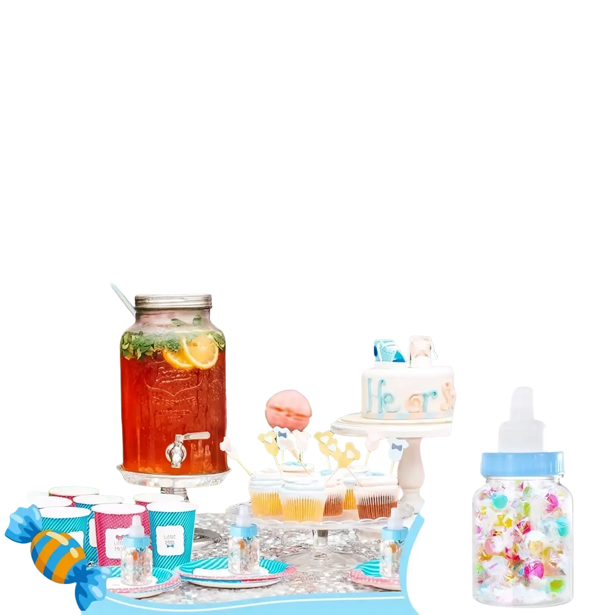 Clear glass baby bottle with blue screw-on cap and white nipple filled with colorful candies for baby shower favors