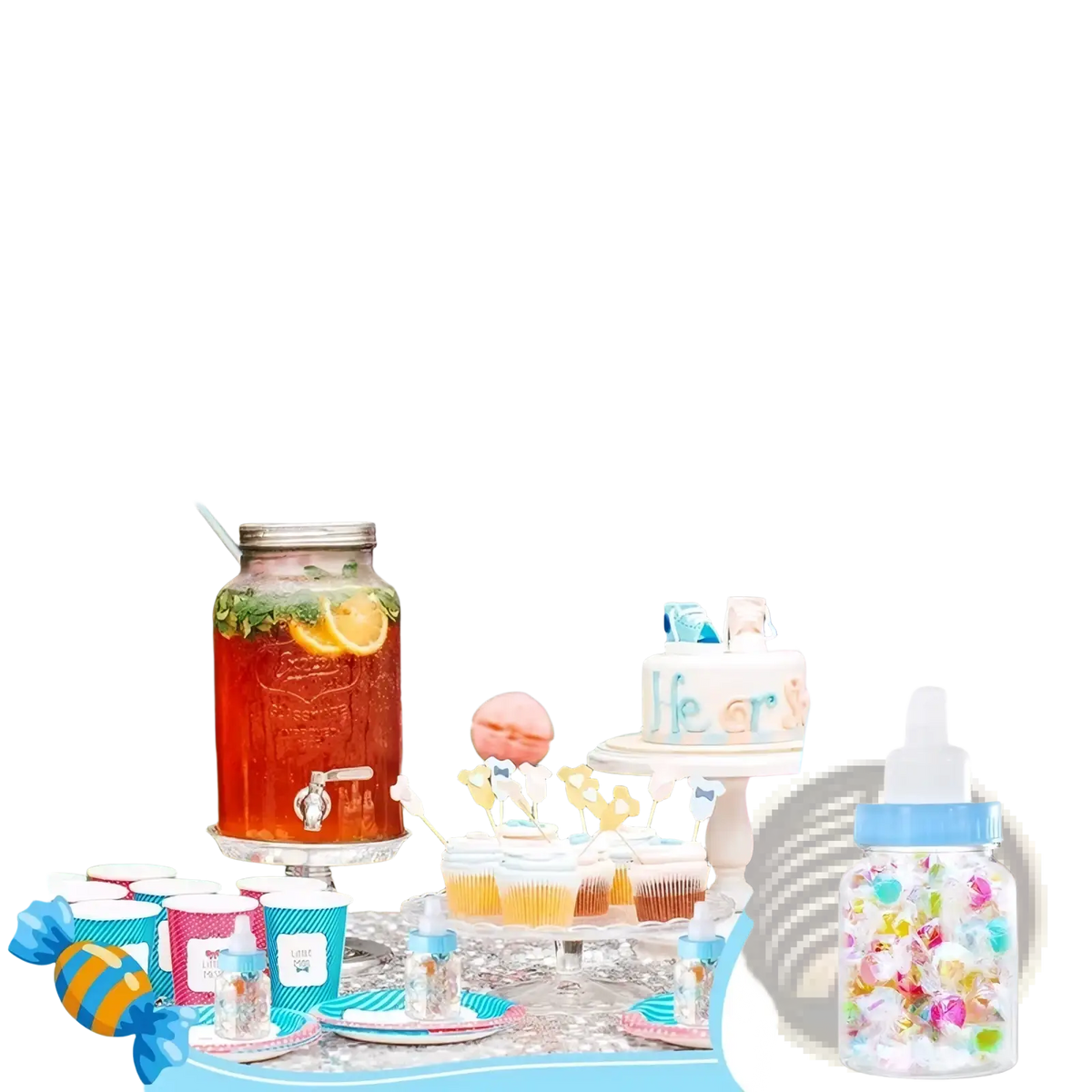 Clear glass baby bottle with blue screw-on cap and white nipple filled with colorful candies for baby shower favors