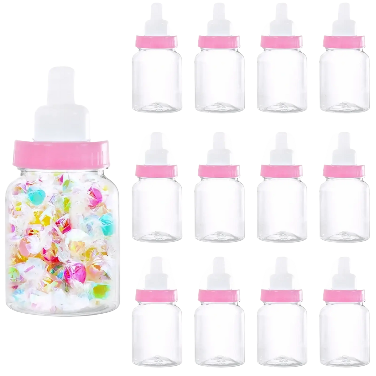 Clear plastic baby shower favor bottle with pink lid and white nipple filled with colorful candies 12pcs gift boxes