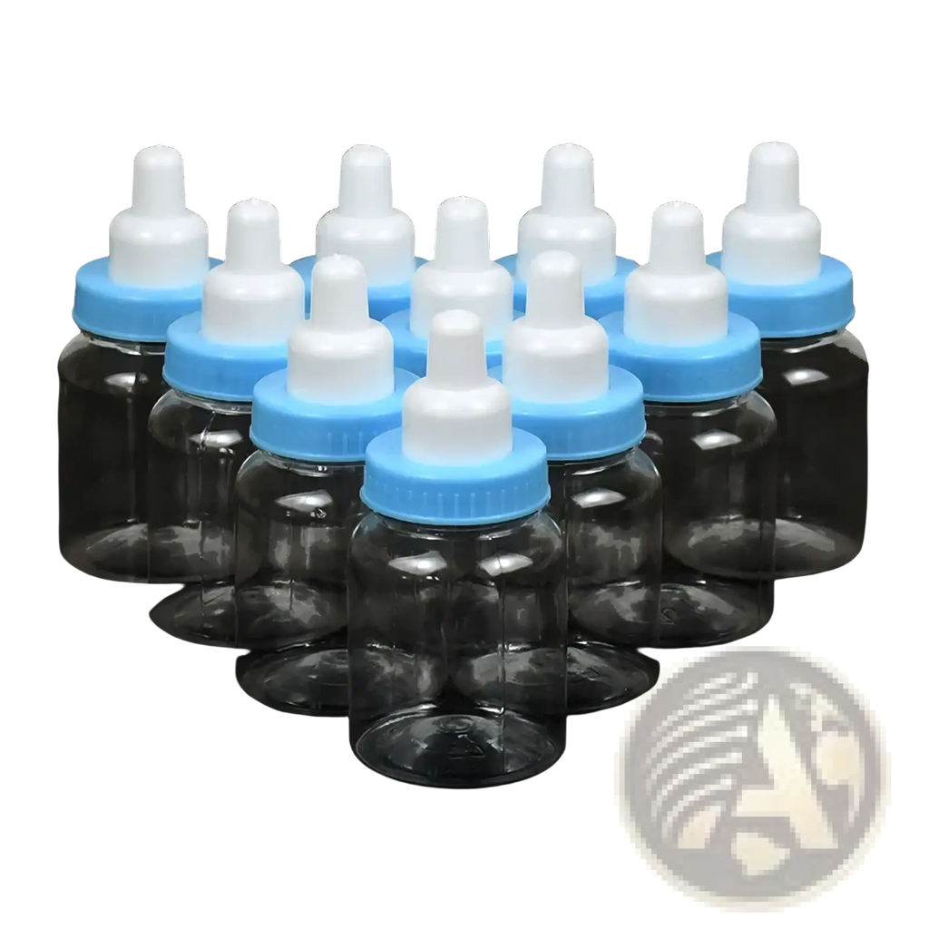 Clear plastic baby bottles with light blue caps and white nipples arranged as 12pcs baby shower favor candy gift boxes