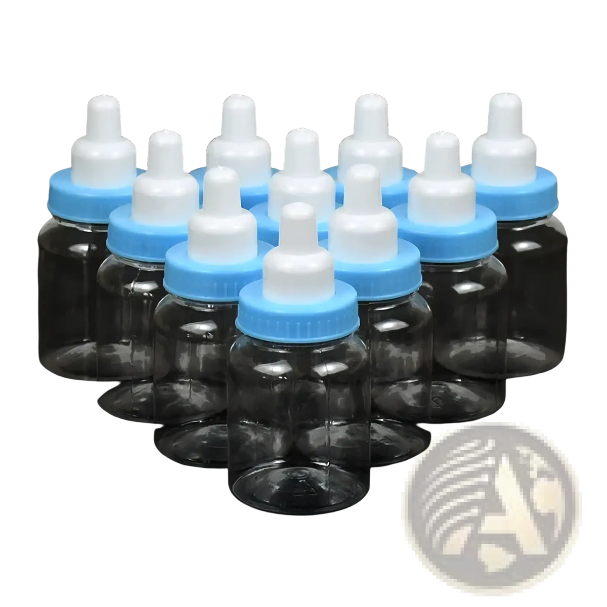 Clear plastic baby bottles with light blue caps and white nipples arranged as 12pcs baby shower favor candy gift boxes