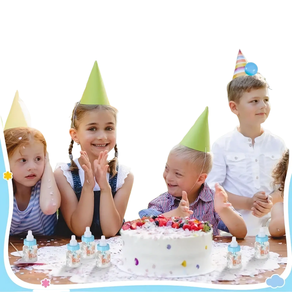 White birthday cake with colorful sprinkles and fresh berries on top featured in baby shower favor bottles candy gift boxes 12pcs