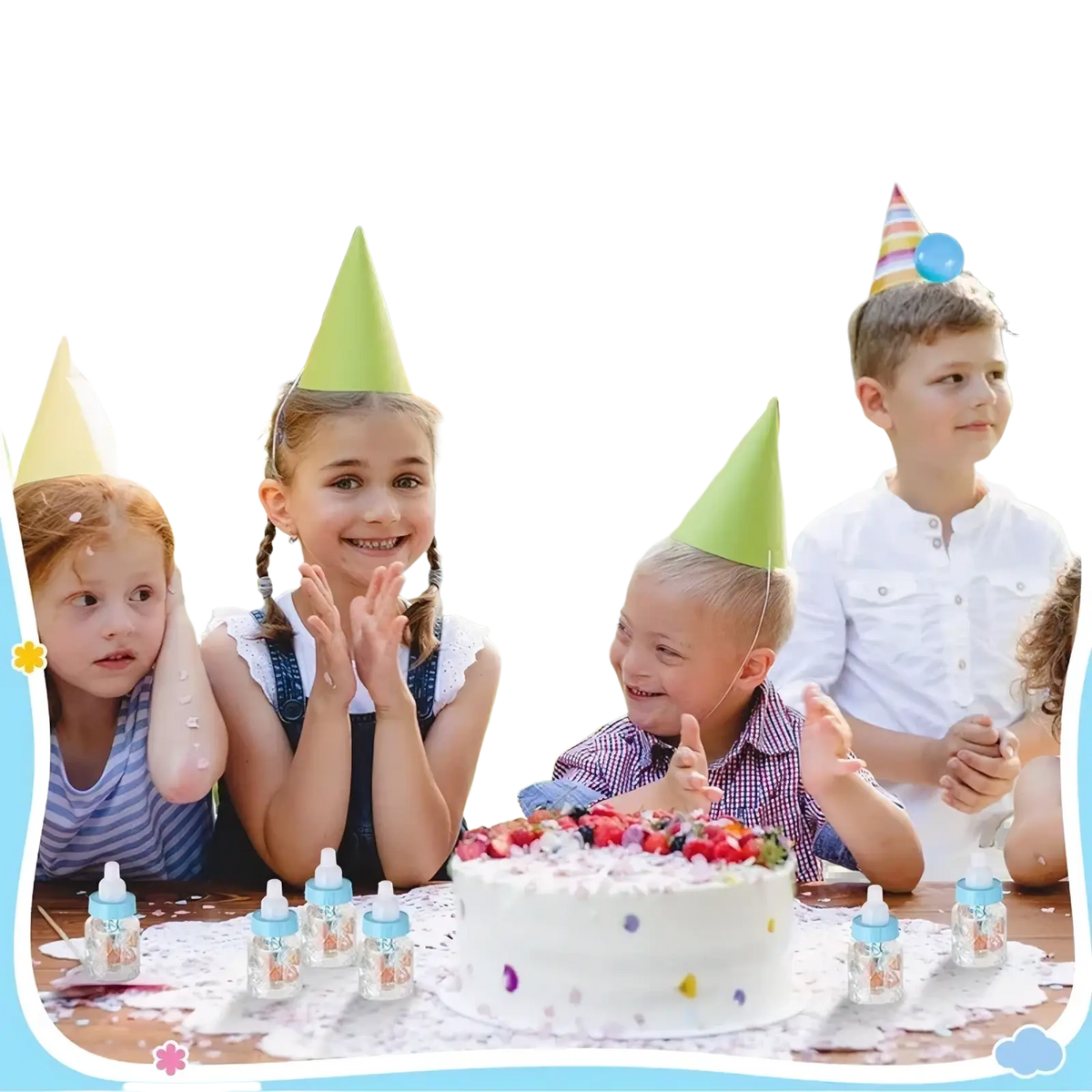 White birthday cake with colorful sprinkles and fresh berries on top featured in baby shower favor bottles candy gift boxes 12pcs