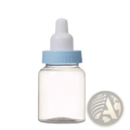 Clear plastic baby shower favor mini milk bottle with light blue screw-on cap and white nipple for feeding use