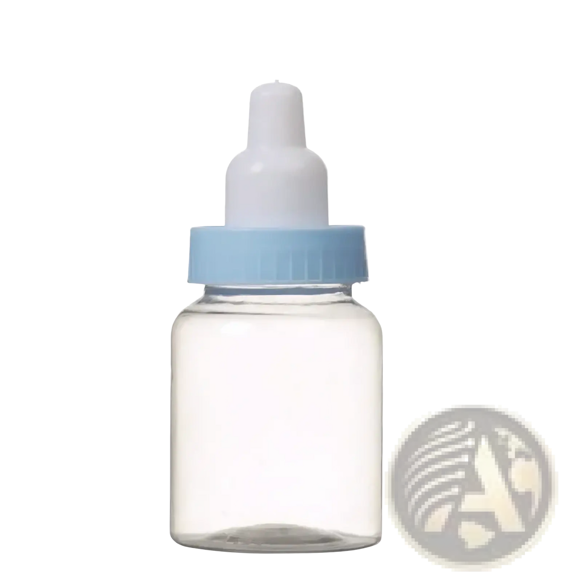 Clear plastic baby shower favor mini milk bottle with light blue screw-on cap and white nipple for feeding use