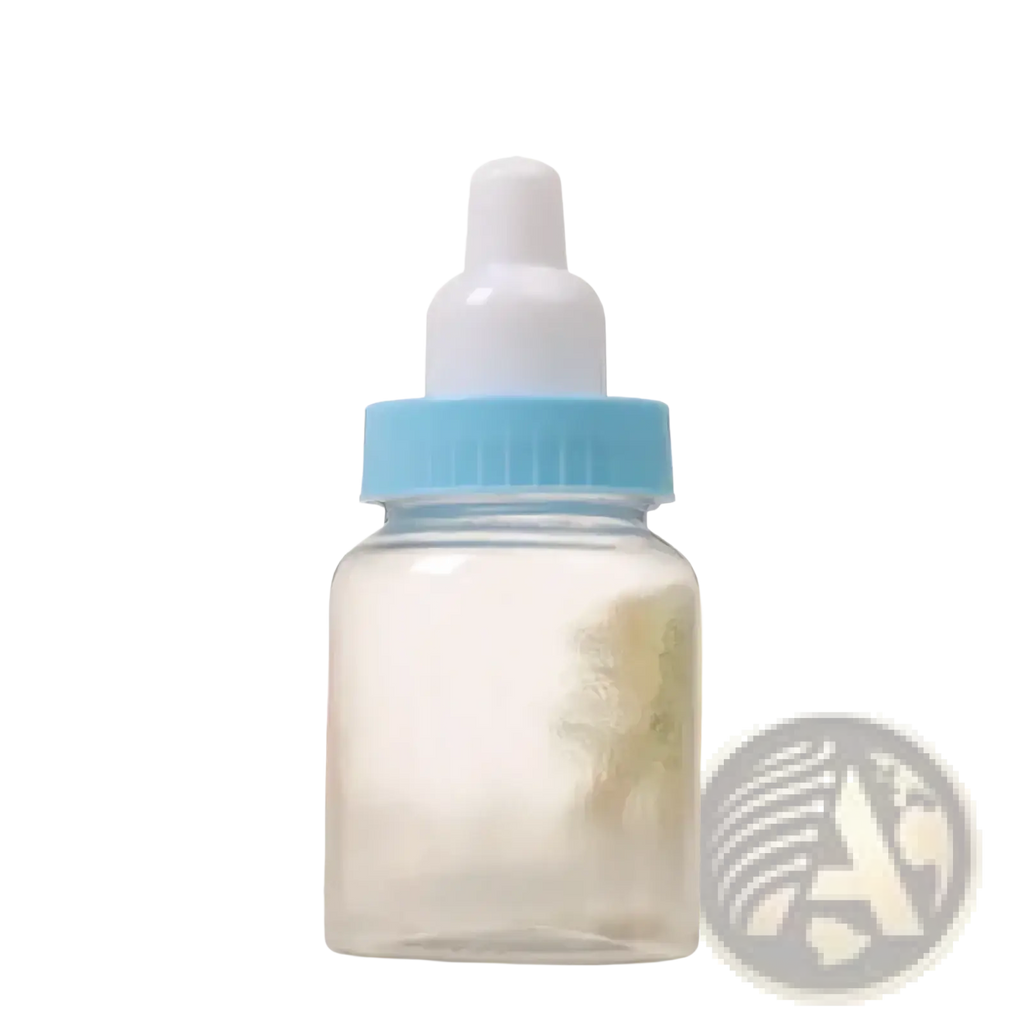 Clear plastic baby shower favor mini milk bottle with light blue screw-on cap and white nipple for party gifts