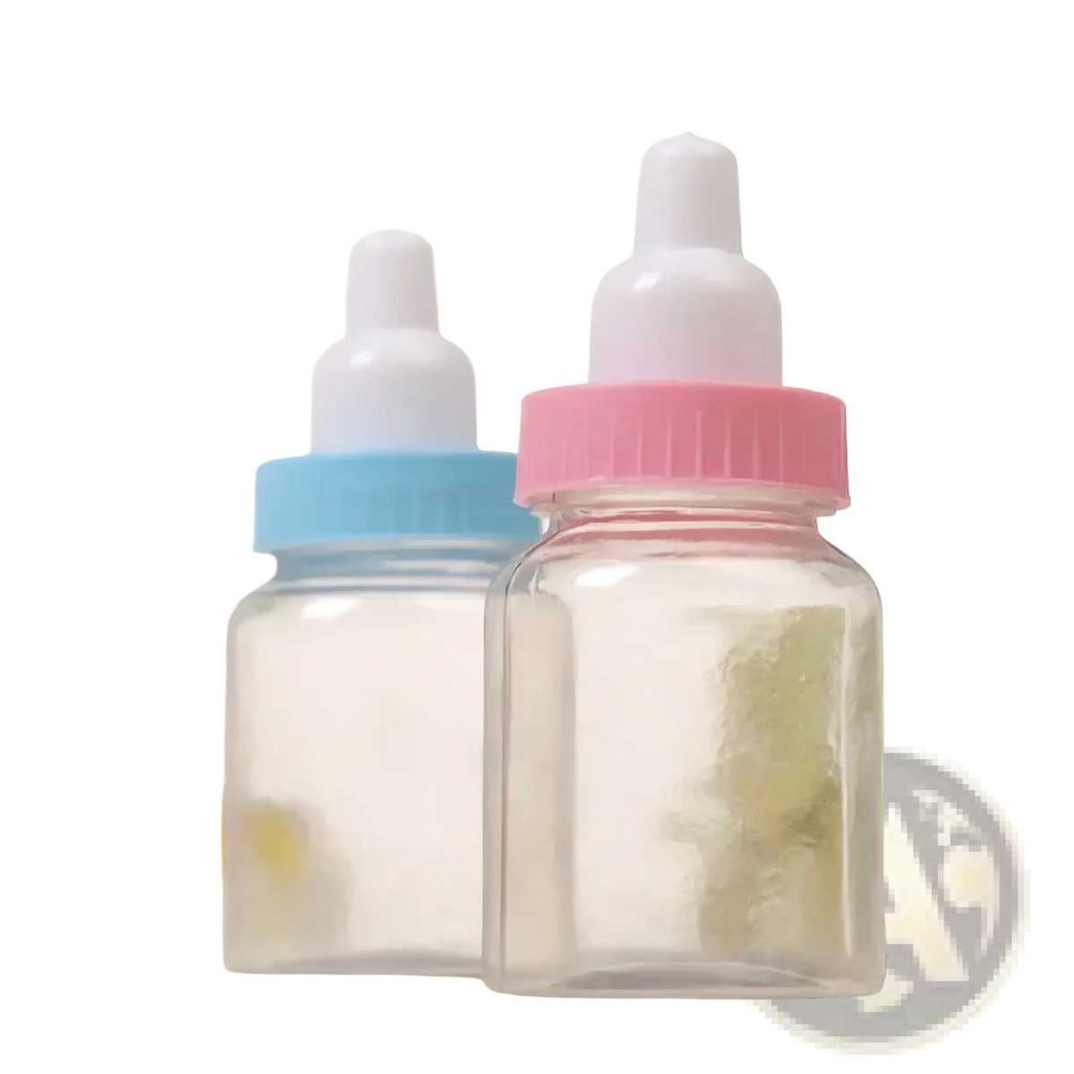 Clear plastic baby shower favor mini milk bottle with pink screw-on cap and white nipple for infant feeding