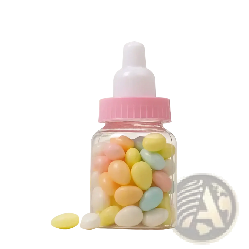A clear plastic baby shower favor mini milk bottle with pink lid filled with pastel-colored jelly beans