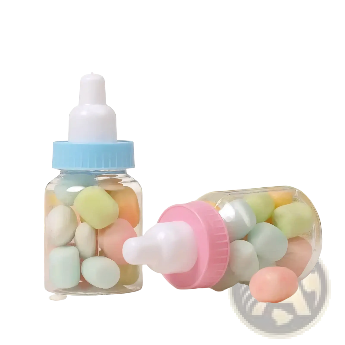 Clear plastic baby shower favor mini milk bottles with blue and pink caps filled with pastel candies
