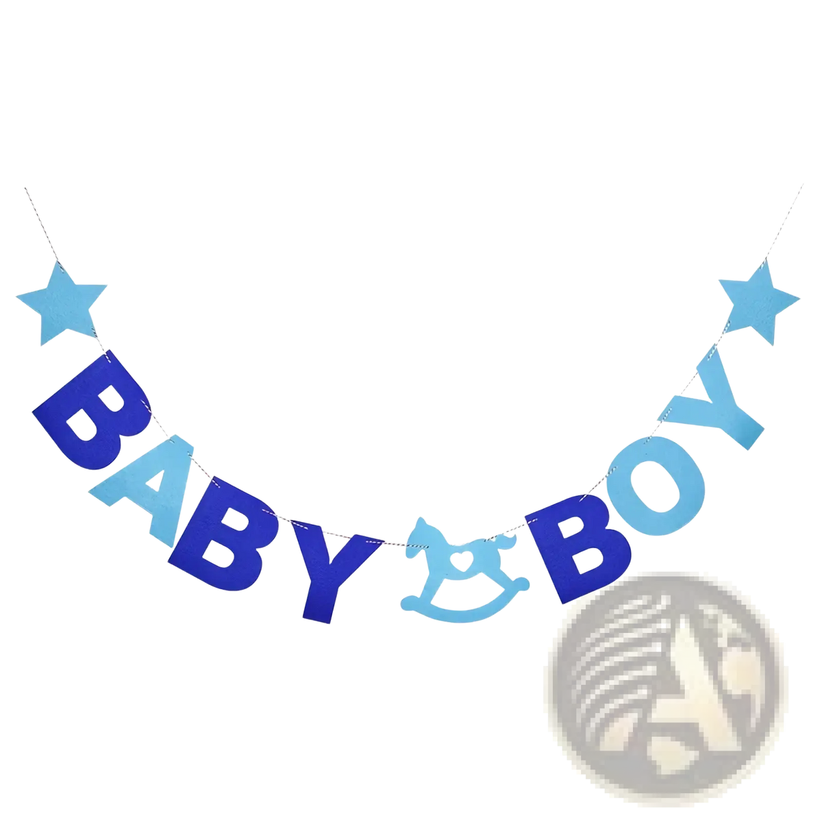 Baby shower felt bunting banner in blue and light blue with baby boy text star accents and rocking horse cutout