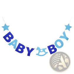 Blue and light blue felt baby boy banner with star accents and rocking horse cutout for baby shower decoration
