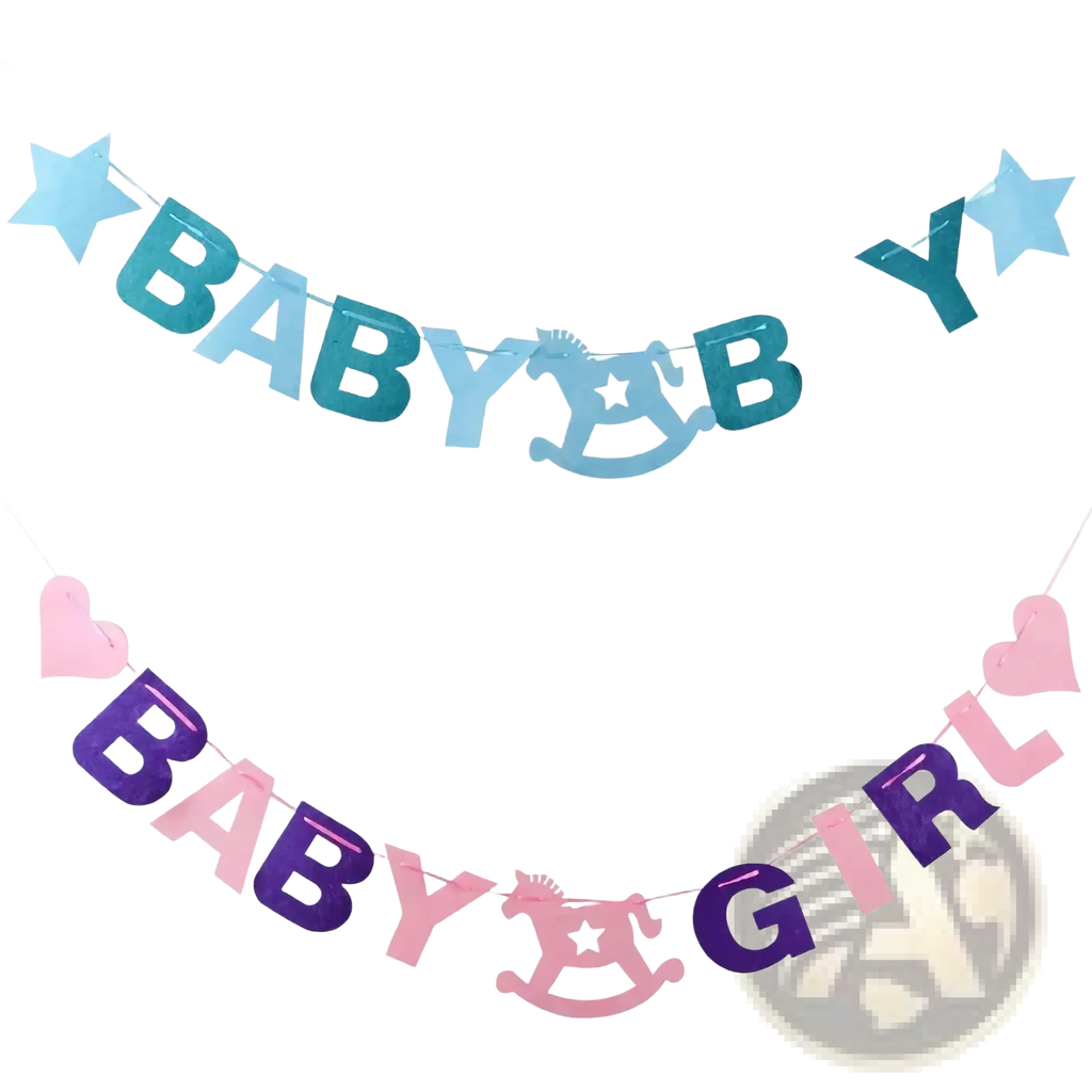 Baby shower felt bunting banner with glittery blue and pink baby boy and baby girl text star and rocking horse cutouts
