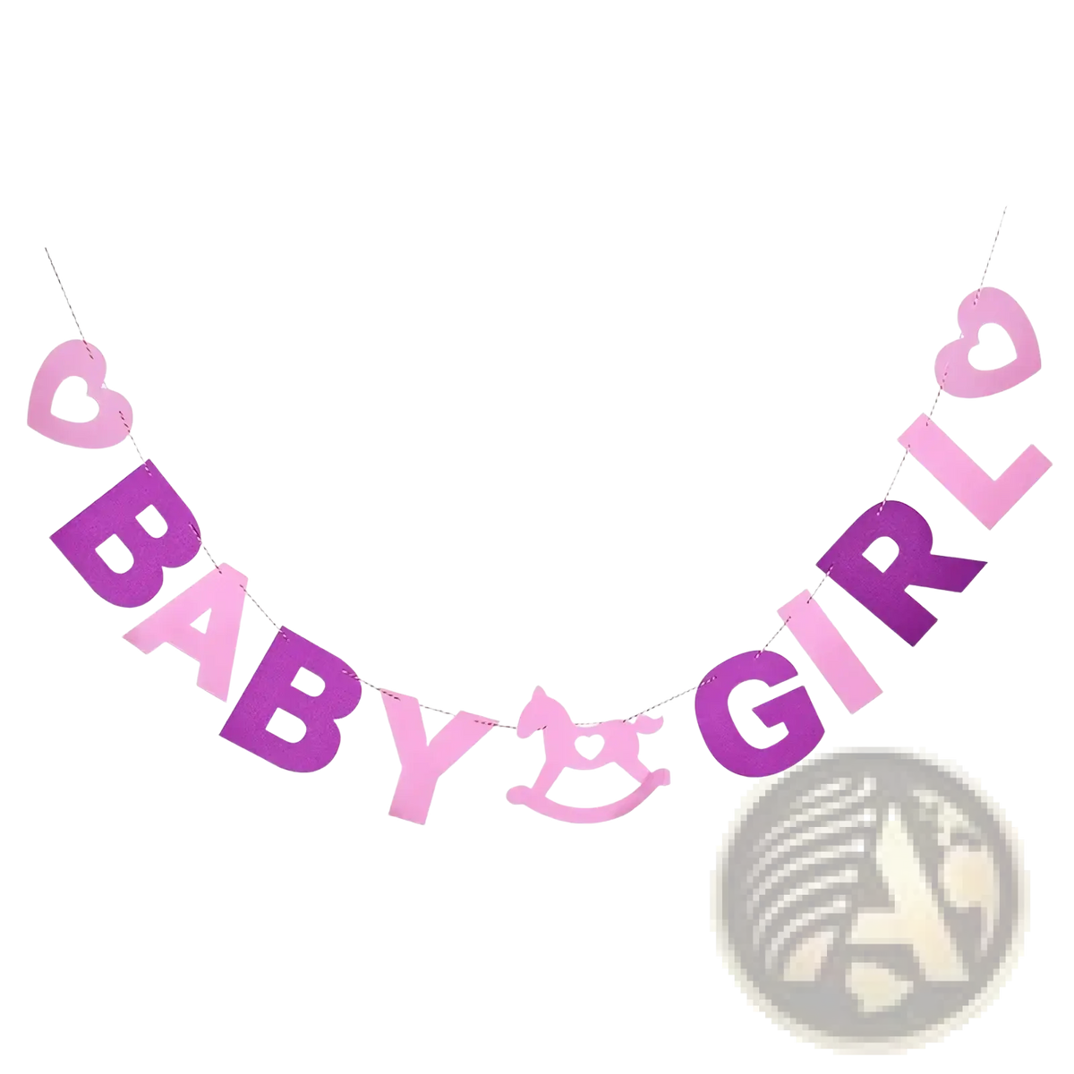 Pink and purple baby shower felt bunting banner with heart and rocking horse cutouts for party decoration
