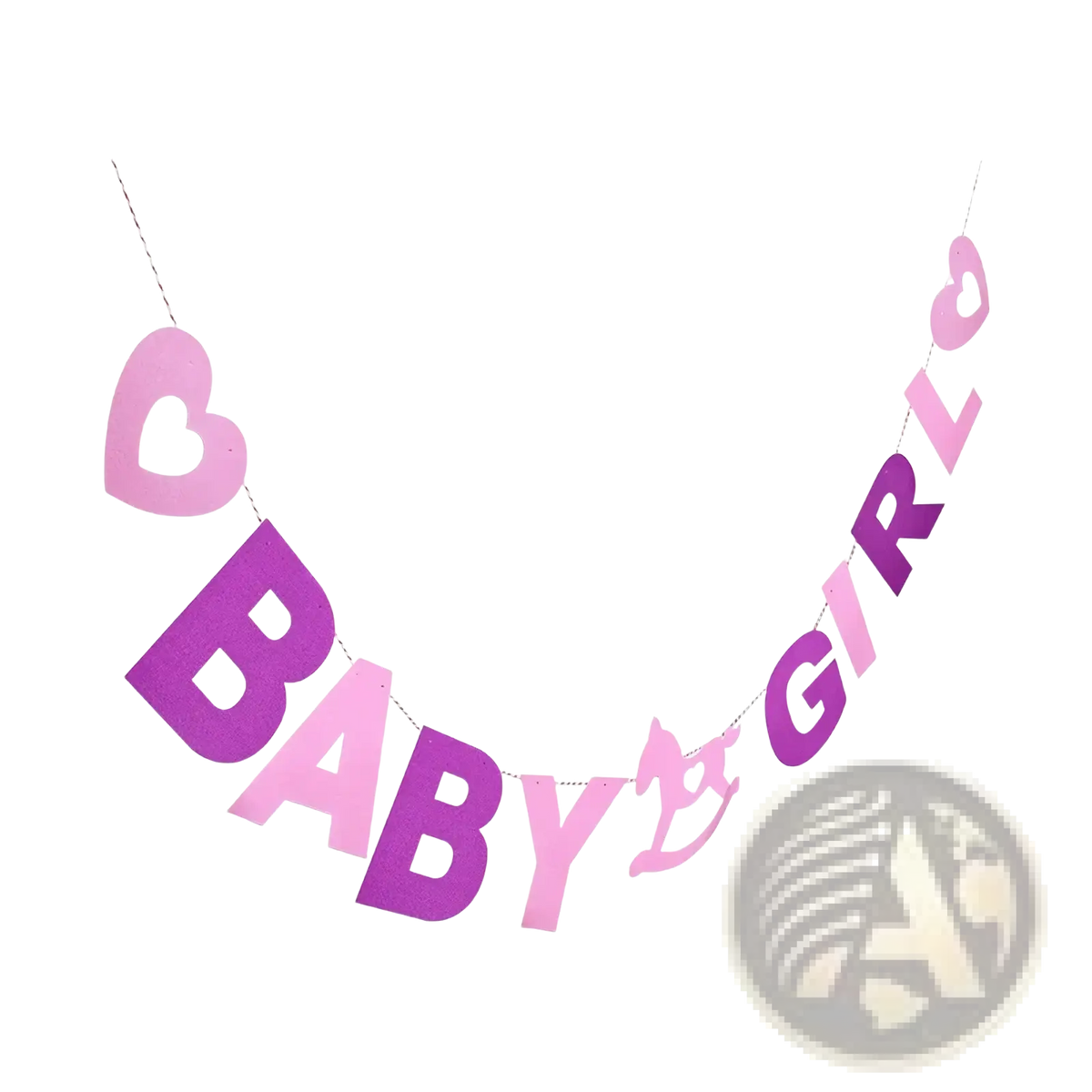Baby shower felt bunting banner in pink and purple with heart-shaped cutouts made of paper for party decoration