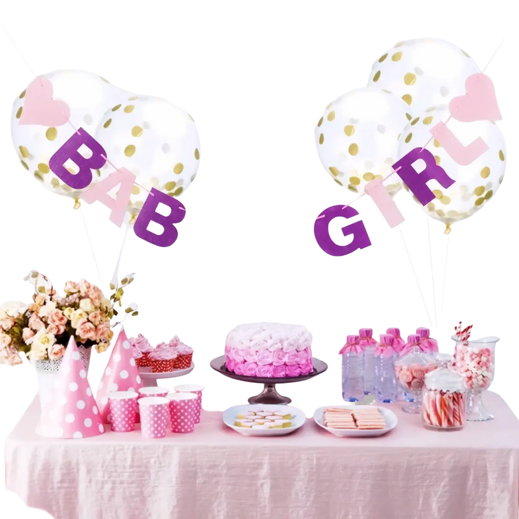 Pink and white polka-dotted felt party hats part of baby shower felt bunting banner decoration set