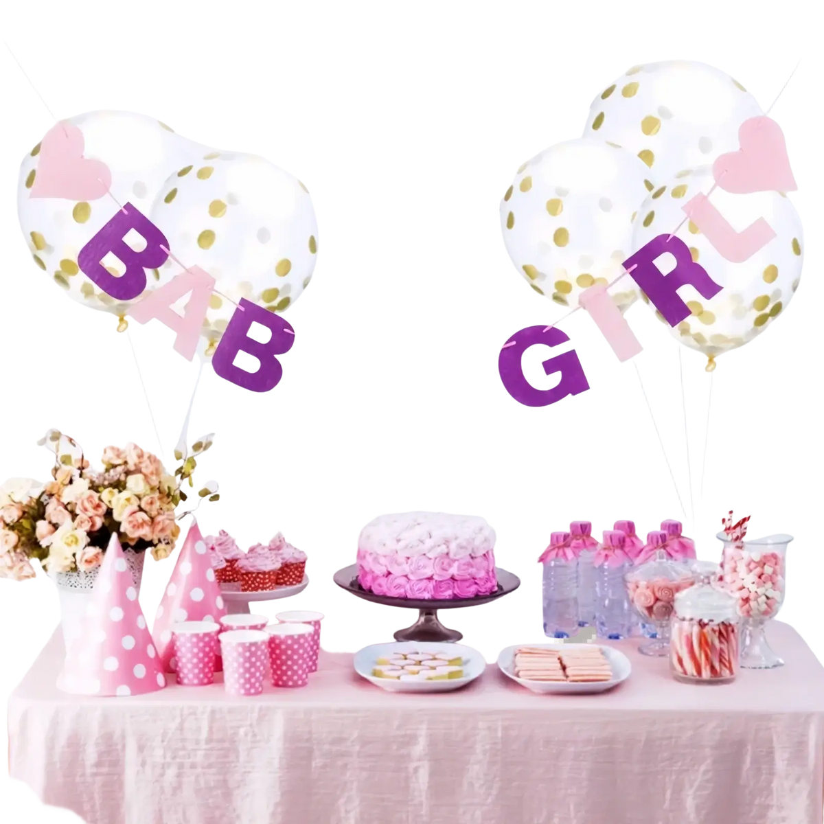 Pink and white polka-dotted felt party hats part of baby shower felt bunting banner decoration set