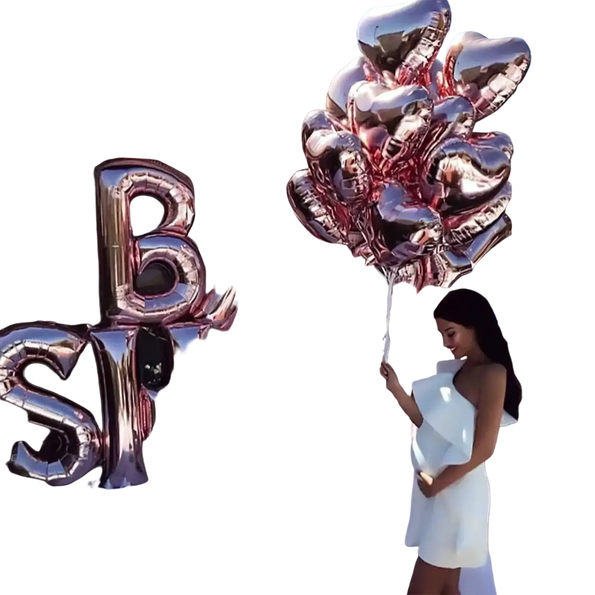 A cluster of shiny rose gold foil balloons shaped like hearts for baby shower decoration