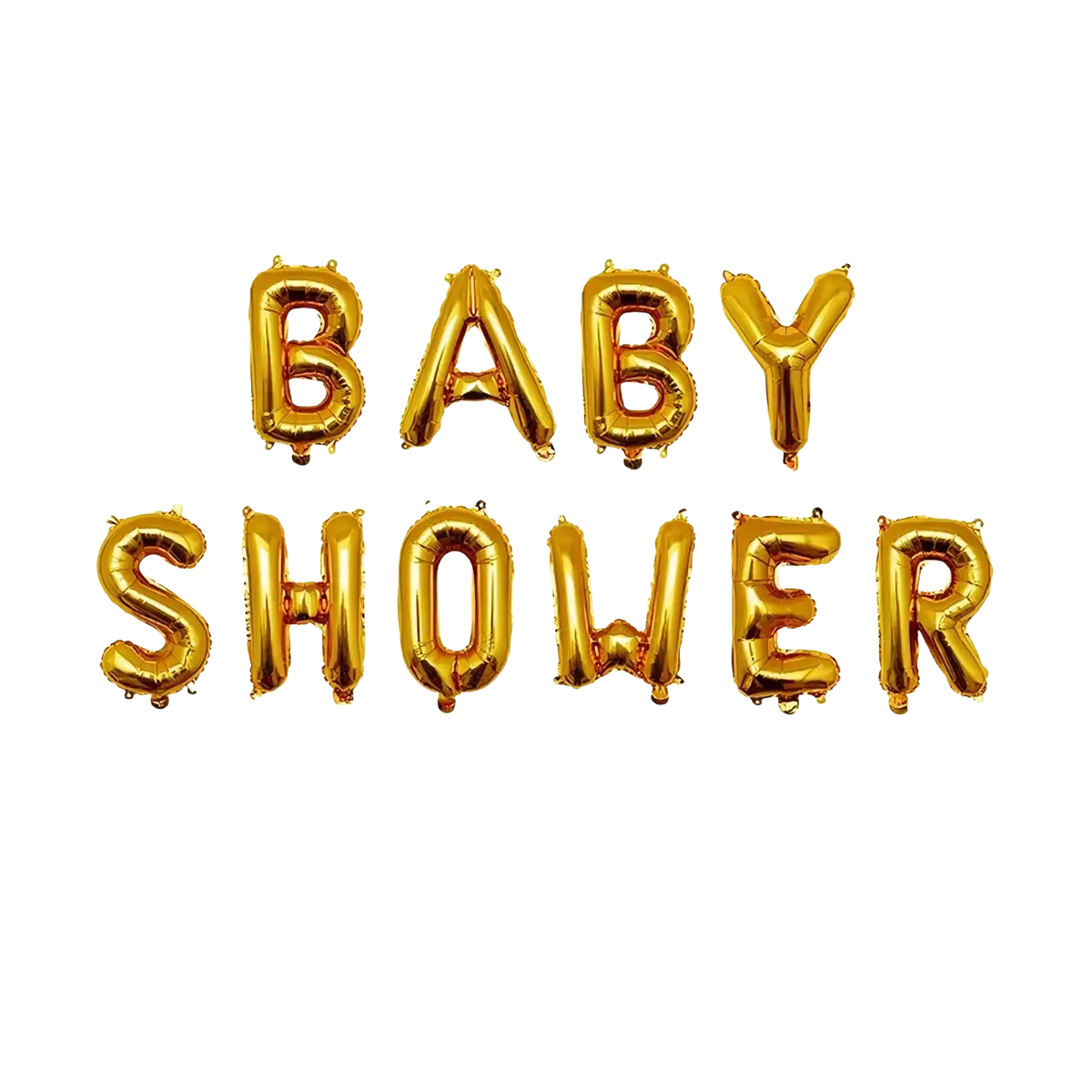 Baby shower foil balloons letter set in rose gold foil spelling baby shower against black background