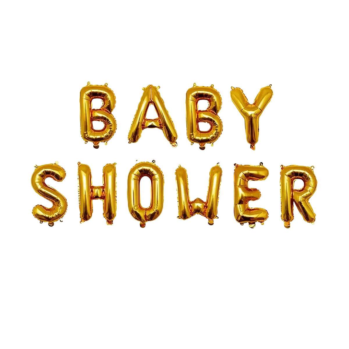 Gold foil balloon letters spelling baby shower in a foil balloons letter set against a white background