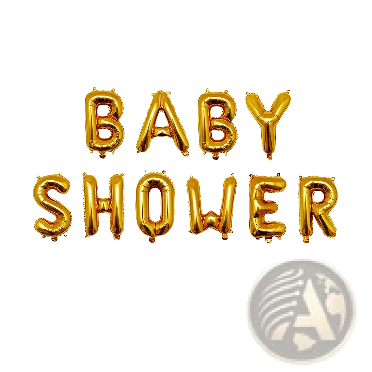 Gold foil balloons letter set spelling baby shower in gold foil against a white background for party decoration