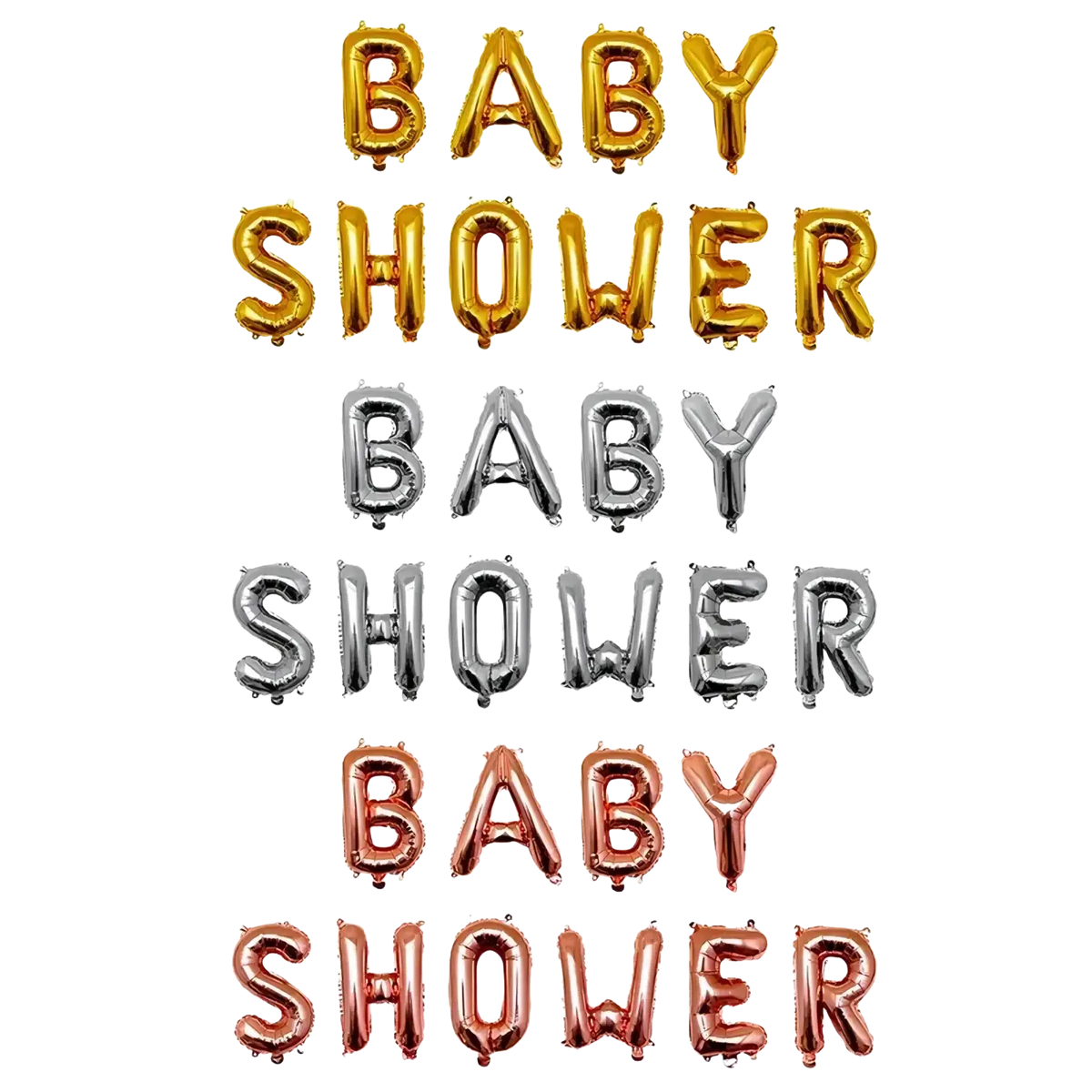 Baby shower foil balloons letter set in gold silver and rose gold metallic foil for festive decoration