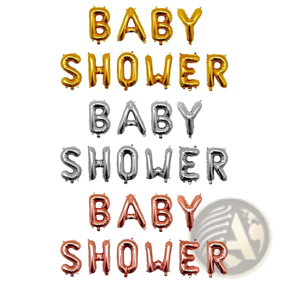 Baby shower foil balloons letter set in gold silver and rose gold metallic colors for festive decoration