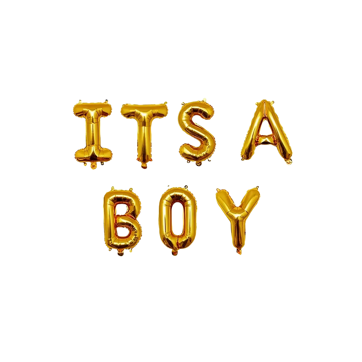 Golden foil balloons letter set spelling its a boy in two rows designed for baby shower celebrations