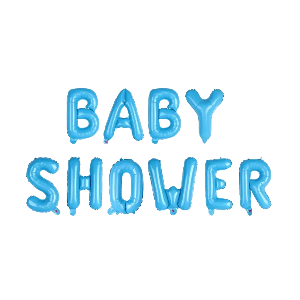 Light blue inflatable foil letter balloons spelling baby shower in a baby shower foil balloons letter set