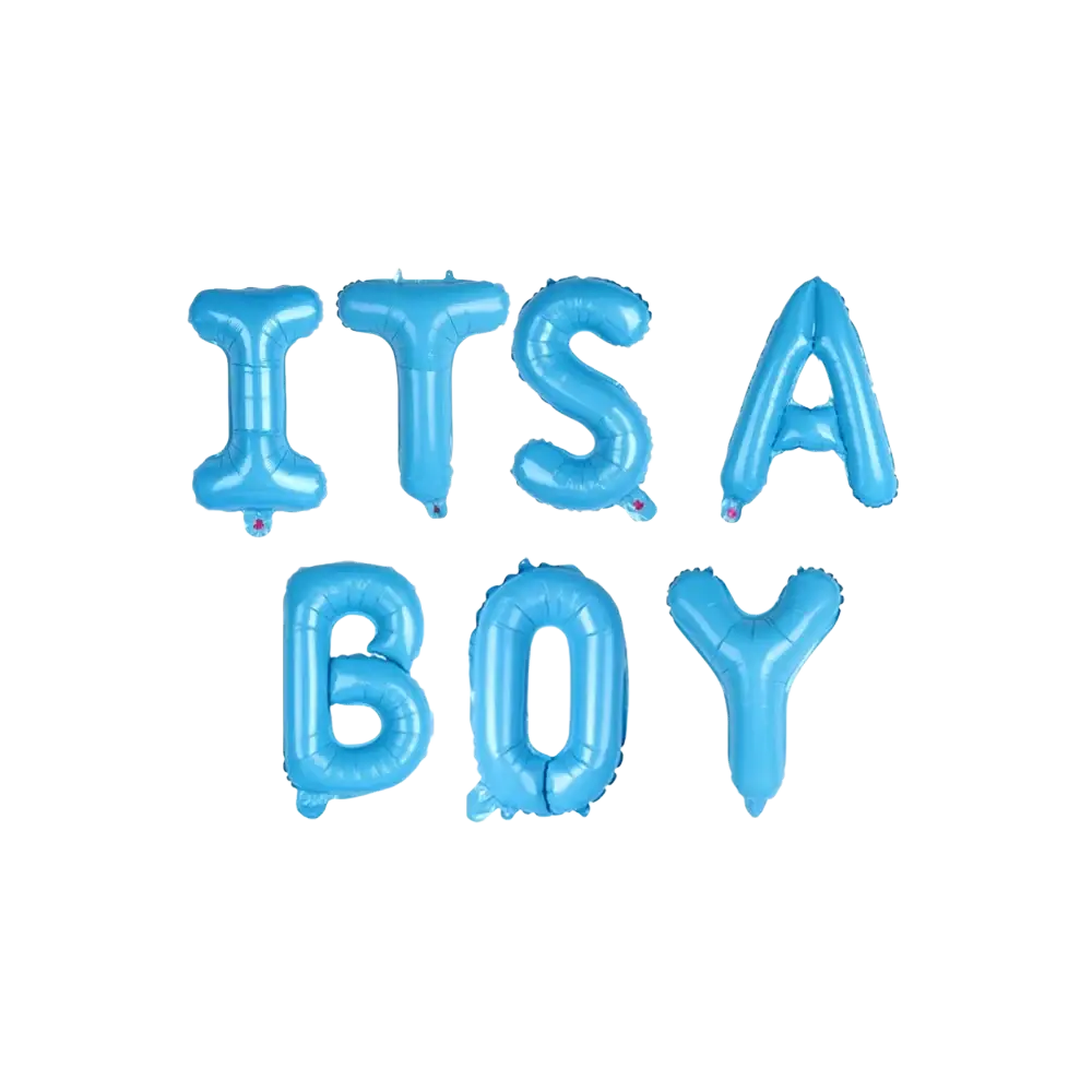 Light blue inflatable foil letter balloons spelling its a boy in a baby shower foil balloons letter set