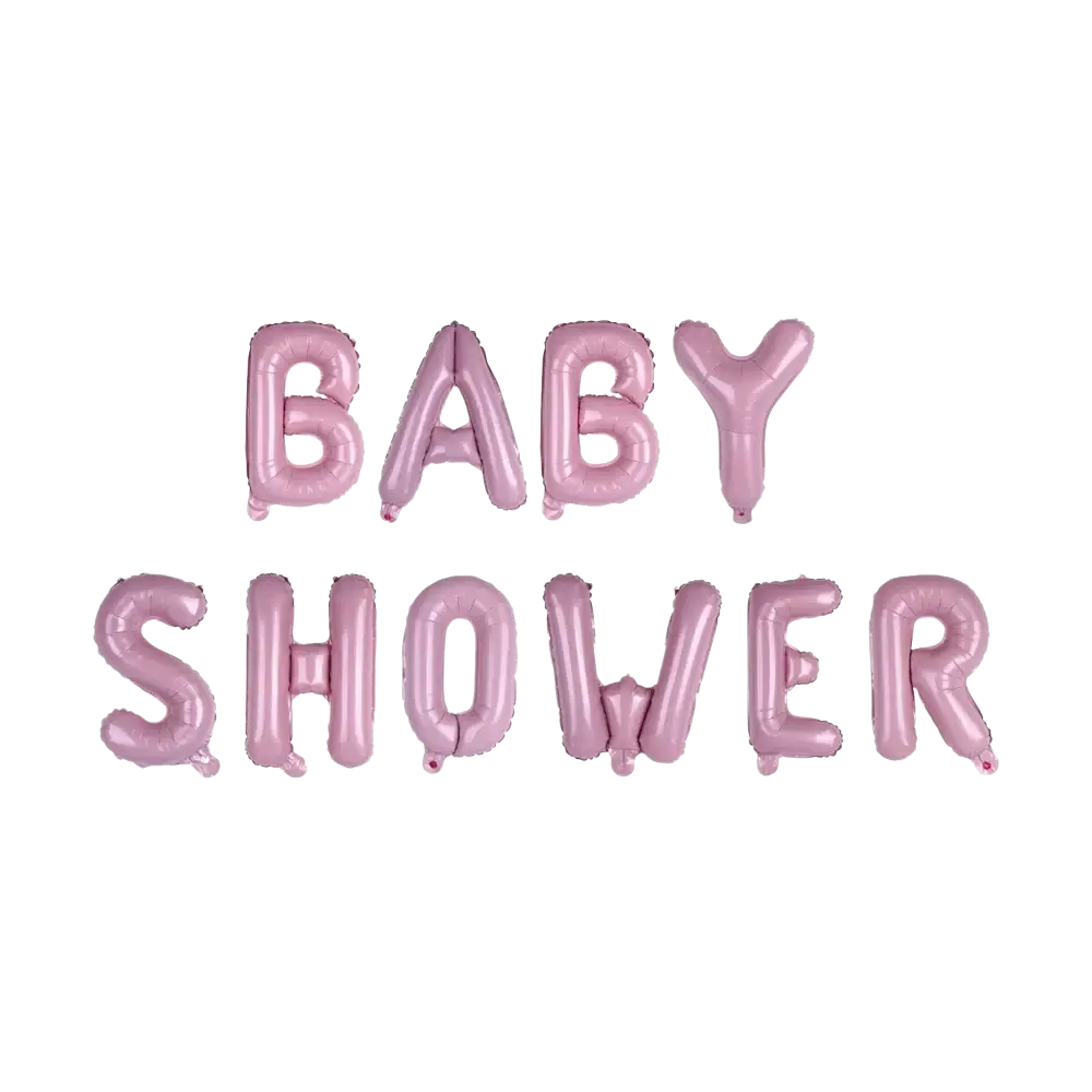 Pink metallic foil balloons spelling baby shower for party decoration in a letter set product image
