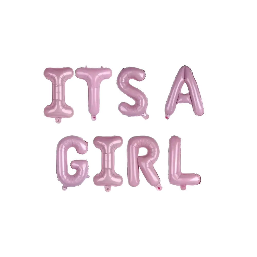 Pink metallic foil balloon letters spelling its a girl in a baby shower foil balloons letter set for gender reveal parties