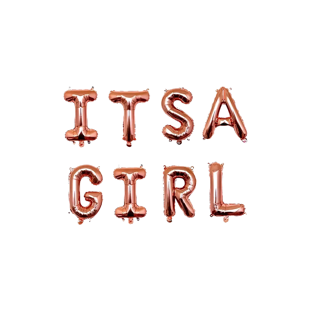Rose gold foil balloons letter set spelling its a girl for baby shower decoration in shiny metallic material