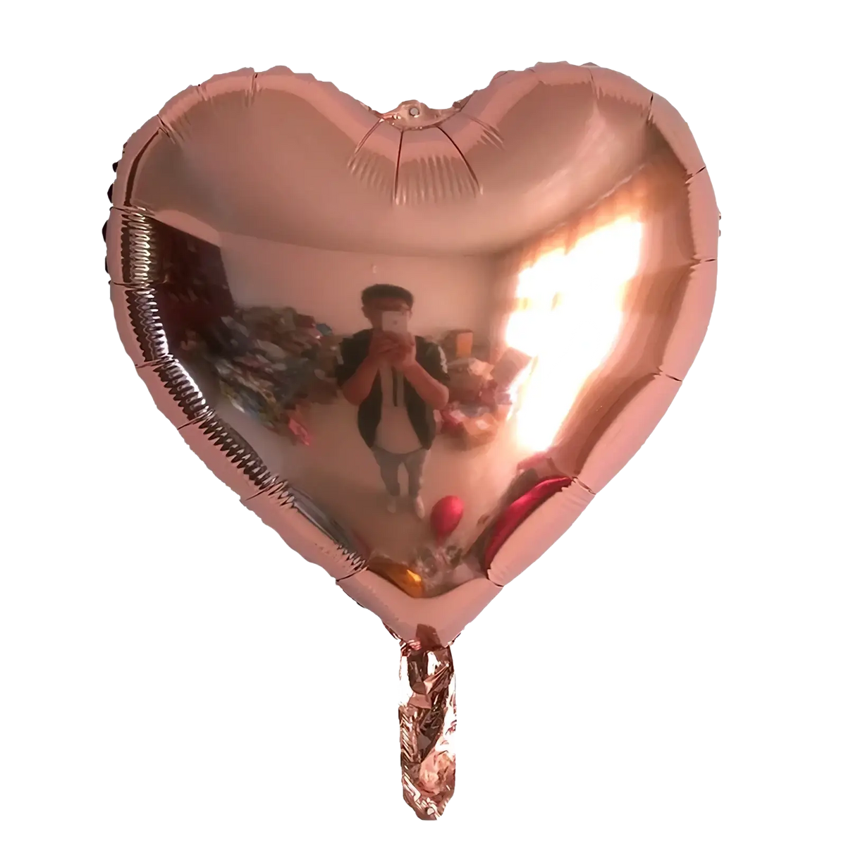 Rose gold heart-shaped foil balloon with reflective surface and twisted metallic string for baby shower letter set