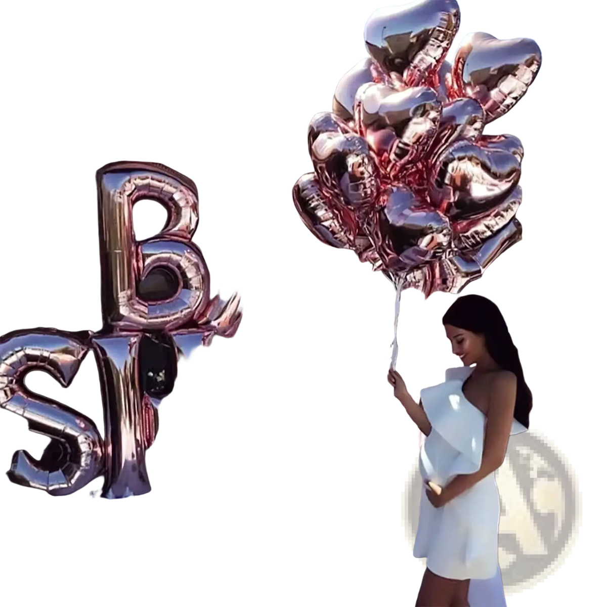 Rose gold metallic foil balloons letter set spelling baby shower with matching heart-shaped balloons for decoration